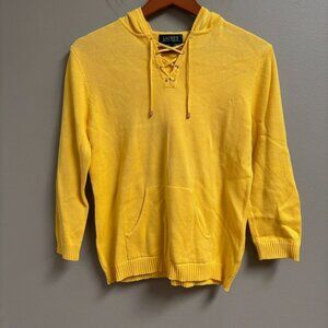 Lauren Ralph Lauren Womens Y2K Lace Up Front Sweater Hooded Size M Yellow Preppy